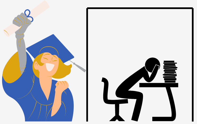 split image - one side, a smiling face, as she wears her cap and gown and holds diploma; on the other, stressed individual in a cubicle, highlighting the disparity between illusion of possibilities and harsh reality