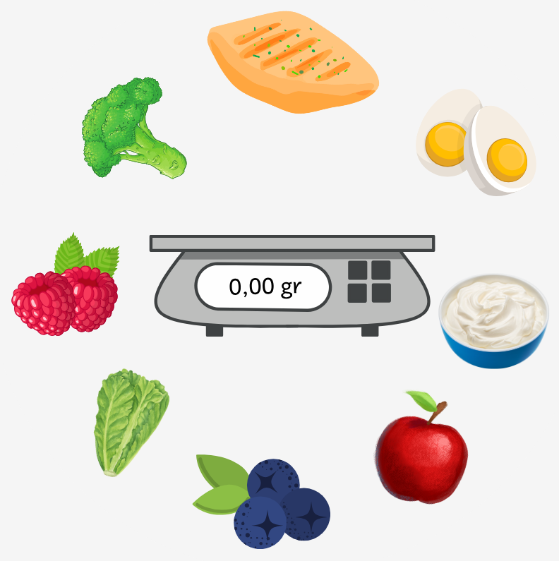 a food scale surrounded by healthy foods, representing the obsession with controlling food and eating clean