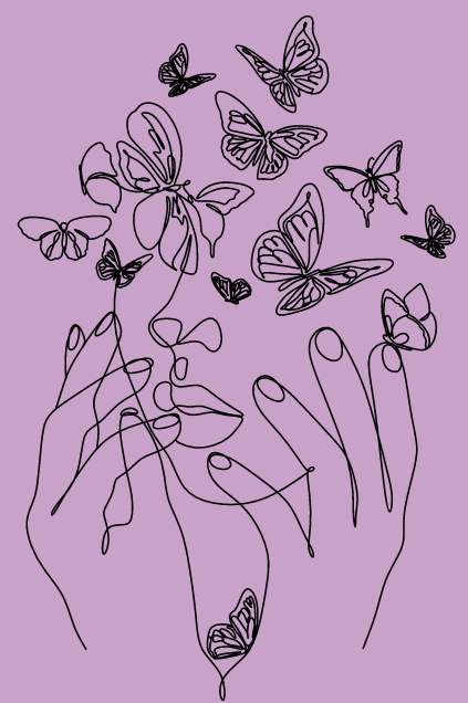 woman's face transitioning into butterflies against a lilac background, symbolizing the journey of confronting the truth about eating disorders and undergoing personal transformation