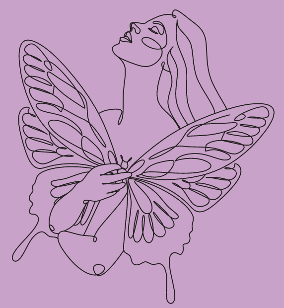 a girl holding a butterfly close to her chest against a lilac background, symbolizing hope, healing, and transformation on the journey from discovery towards recovery from an eating disorder.