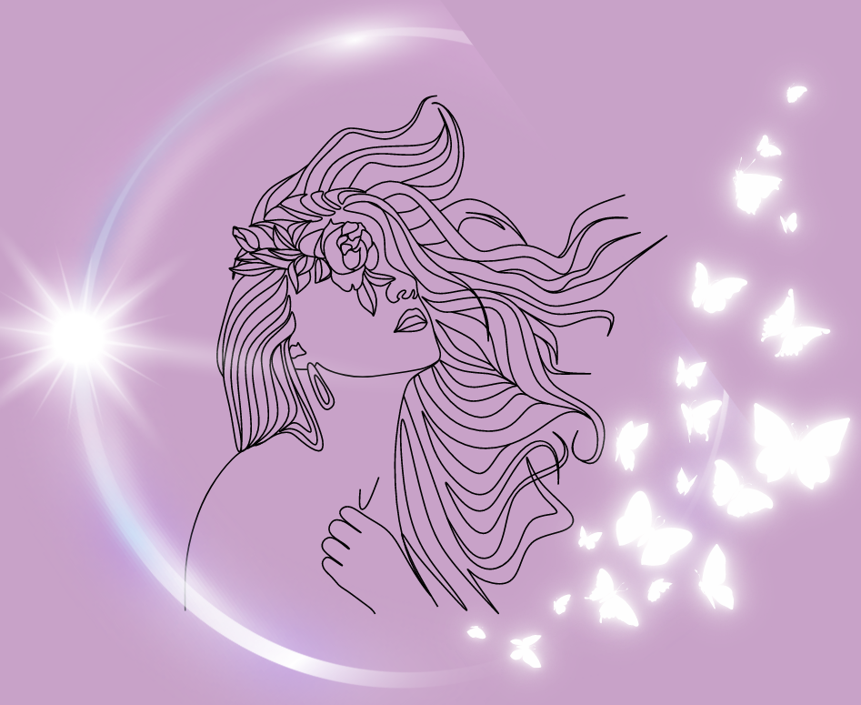 a girl surrounded by a soft glow transitioning into glowing butterflies on a lilac background, representing self-discovery, hope, and transformation in the journey of eating disorder awareness