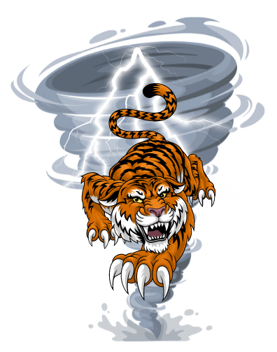 a tiger with claws and teeth out against the backdrop of a storm, representing fiercely defending itself amid adversity