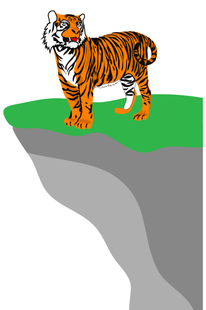 A tiger stands tall on a cliff, symbolizing strength, renewal, and resilience in the face of adversity