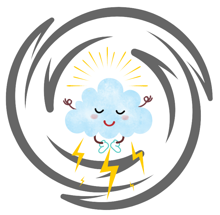 meditating cloud in the eye of hurricane, symbolizing navigating stress and finding calm in the storm