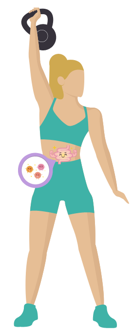 Woman exercising with happy intestines and gut bacteria, symbolizing the positive effect of fitness on gut health