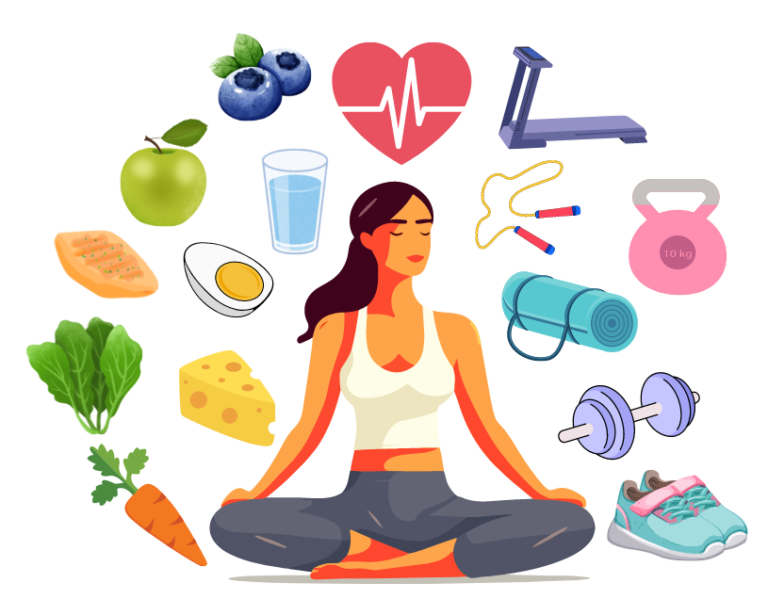 woman in yoga position surrounded by various food and fitness icons, symbolizing the role of nutrition and exercise in supporting both the mind and body