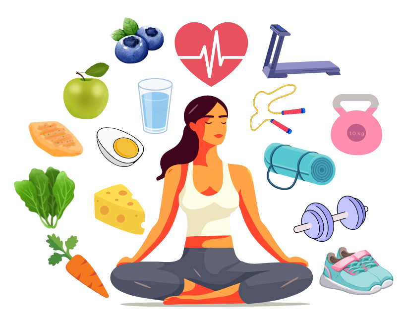 woman in yoga position surrounded by various food and fitness icons, symbolizing the role of nutrition and exercise in supporting both the mind and body