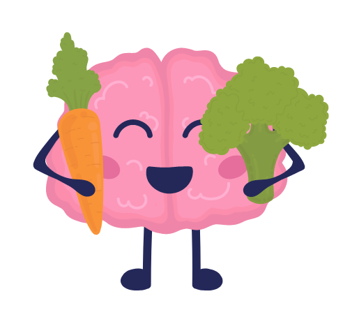 brain smiling with vegetables, indicating the role of proper nutrients in supporting brain health