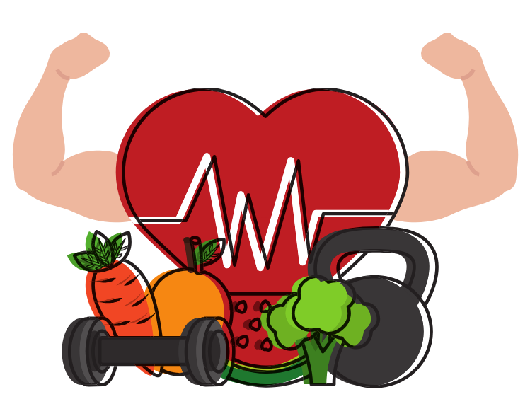 Heart with muscles and fitness and food  elements, symbolizing the power of fodd and fitness