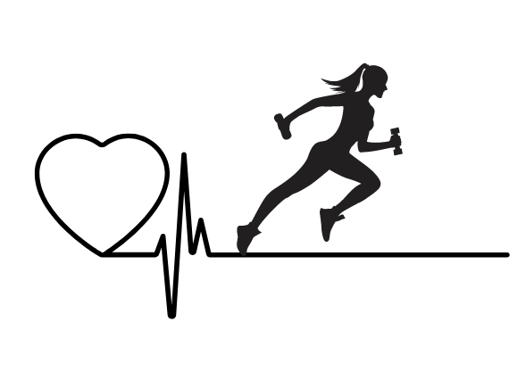 A woman runs with dumbbells on a flatlining heartbeat, symbolizing the fine line between health and harm in exercise addiction