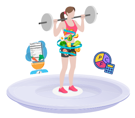 woman standing on a plate, surrounded by healthy food, nutrition facts, and macro calculator, highlighting the role of food in exercise addiction