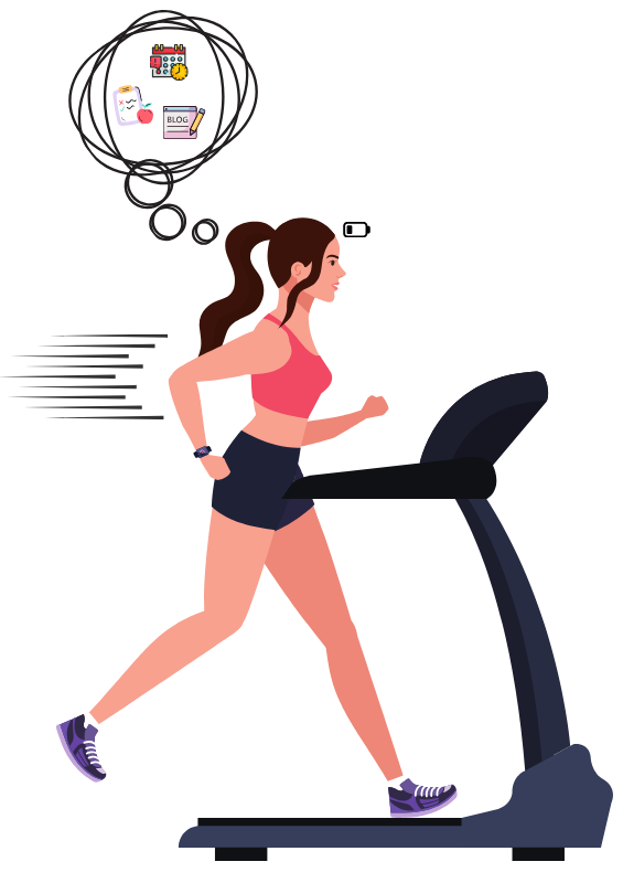 A woman running on a treadmill with thought bubble representing various life responsibilities, including work deadlines, healthy eating, and blog, illustrating the overwhelming nature of balancing exercise with daily life.