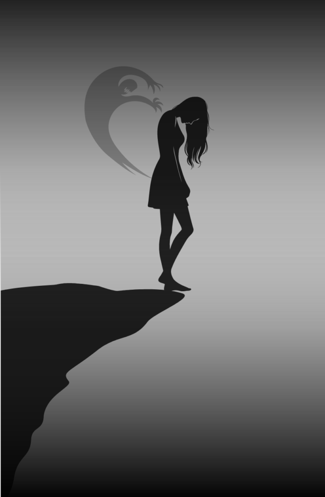 A woman stands on the edge of a cliff, gazing down into the abyss below. A ghostly figure with outstretched hands looms behind her, representing the weight of her inner struggle. A shadow covers the entire image, emphasizing a sense of darkness and despair, reflecting the invisible battle with suicidal thoughts.