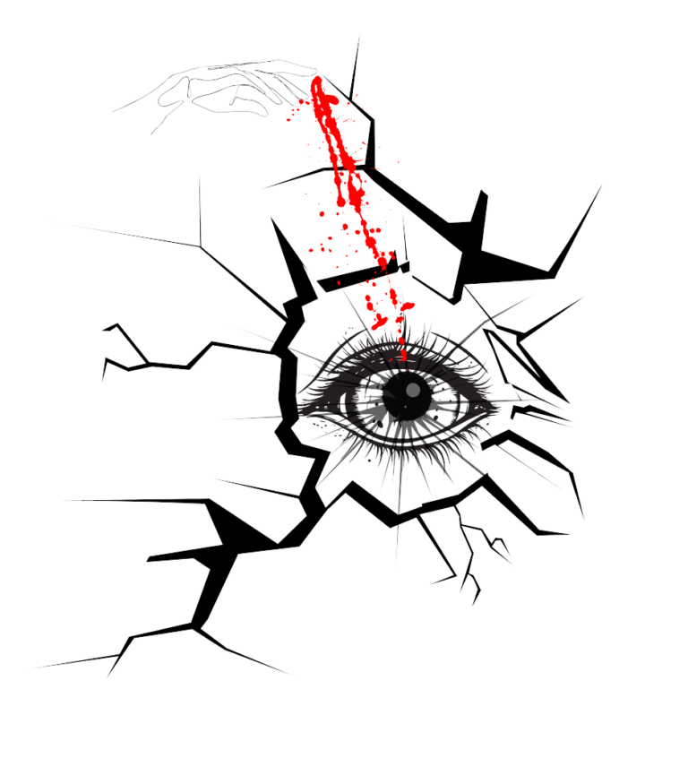 An eye surrounded by broken glass, with shards extending from the pupil. An outstretched hand reaches toward the glass, with red blood dripping down, symbolizing the feeling of being emotionally empty, isolated, and disconnected.