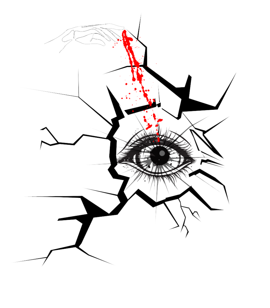 An eye surrounded by broken glass, with shards extending from the pupil. An outstretched hand reaches toward the glass, with red blood dripping down, symbolizing the feeling of being emotionally empty, isolated, and disconnected.