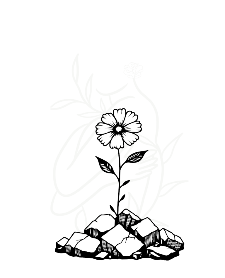 Line art of a woman with her arms wrapped around herself, surrounded by leaves, layered over an image of a flower growing from a crack in concrete, symbolizing a year of resilience, self-reflection, and personal growth.